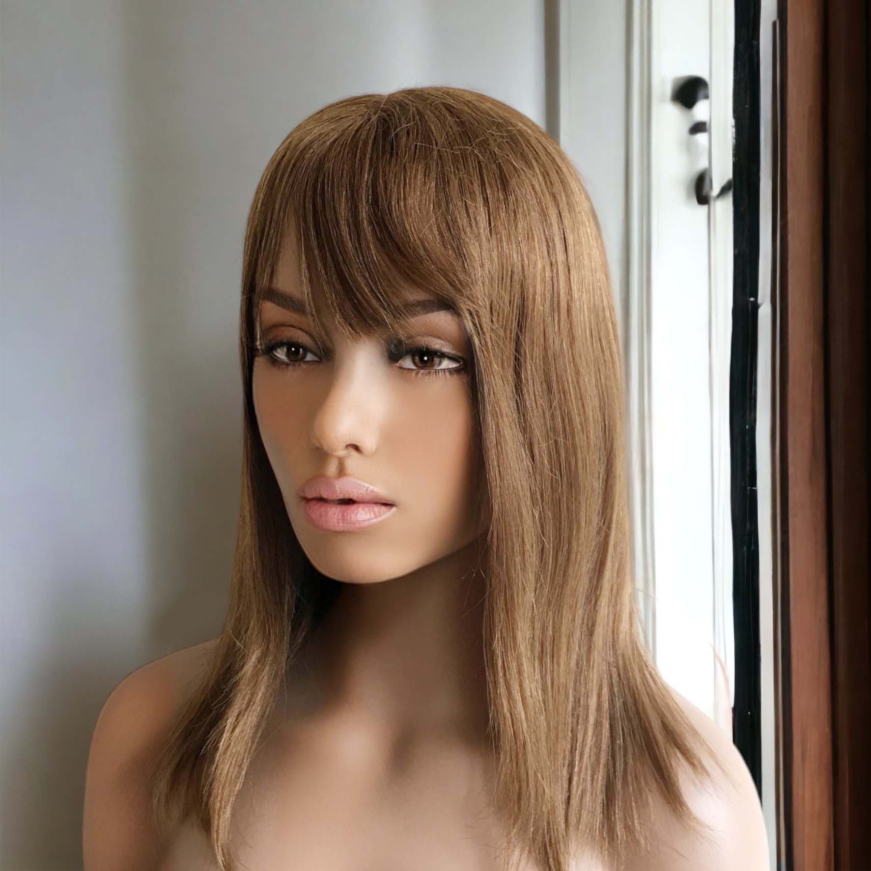 nevermindyrhead Women Caramel Brown Real Human Hair Medium Length Straight Bob Fringe Bangs Wig 14 Inches