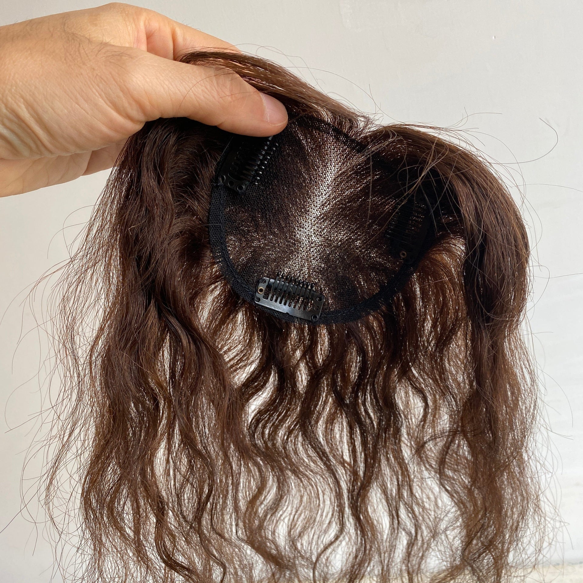 nevermindyrhead Women Dark Brown Human Curly Hair Topper With Thin Bangs Clip-In Wiglet Mesh Base