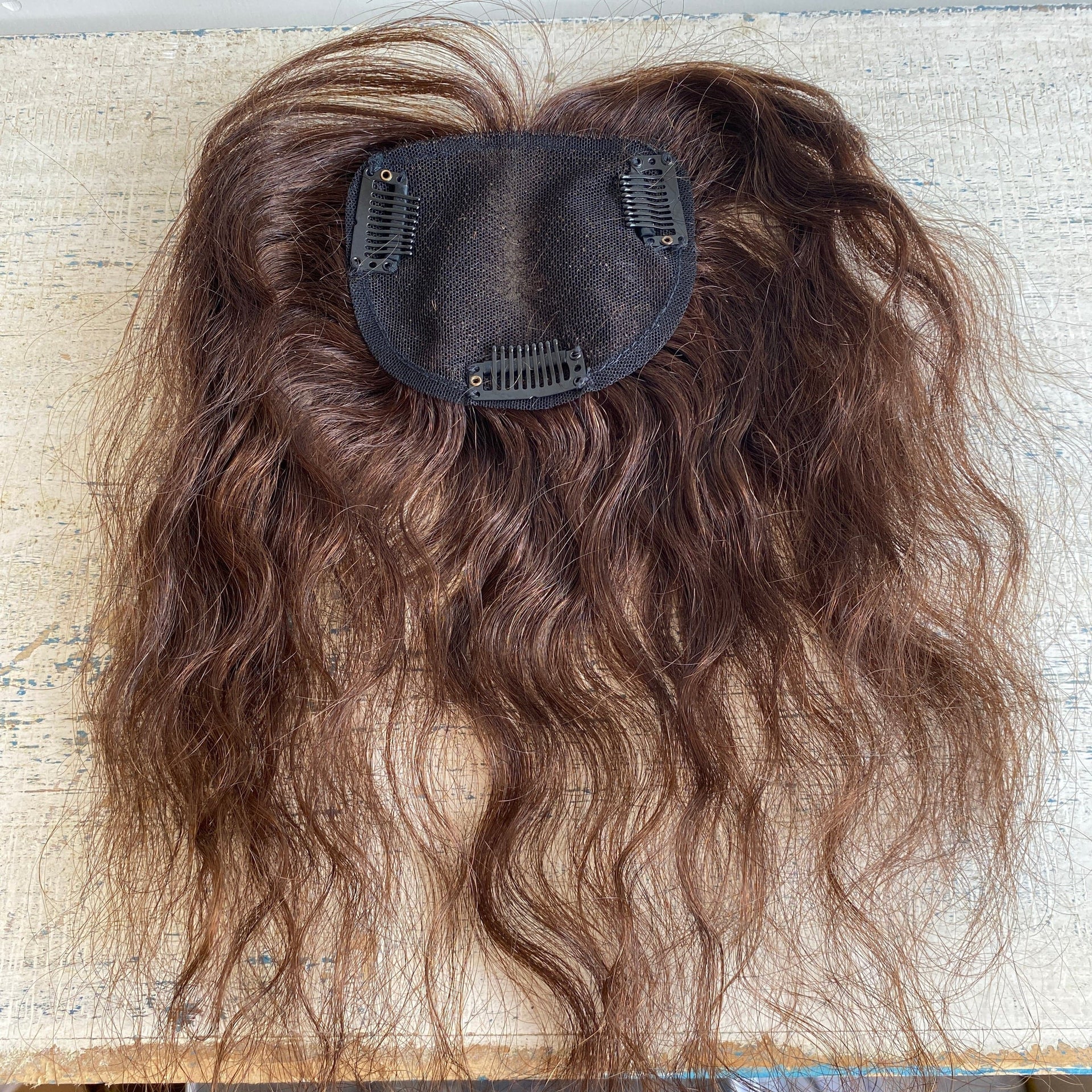 nevermindyrhead Women Dark Brown Human Curly Hair Topper With Thin Bangs Clip-In Wiglet Mesh Base