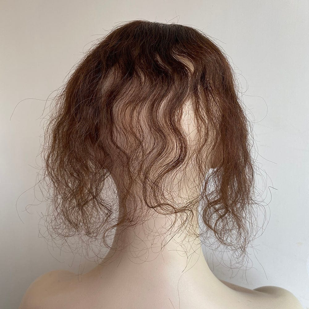 nevermindyrhead Women Dark Brown Human Curly Hair Topper With Thin Bangs Clip-In Wiglet Mesh Base