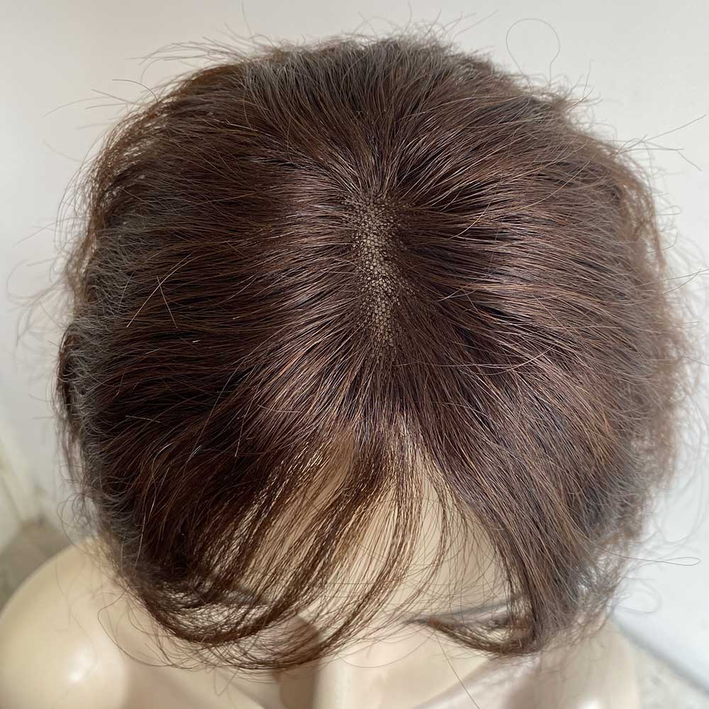 nevermindyrhead Women Dark Brown Human Curly Hair Topper With Thin Bangs Clip-In Wiglet Mesh Base