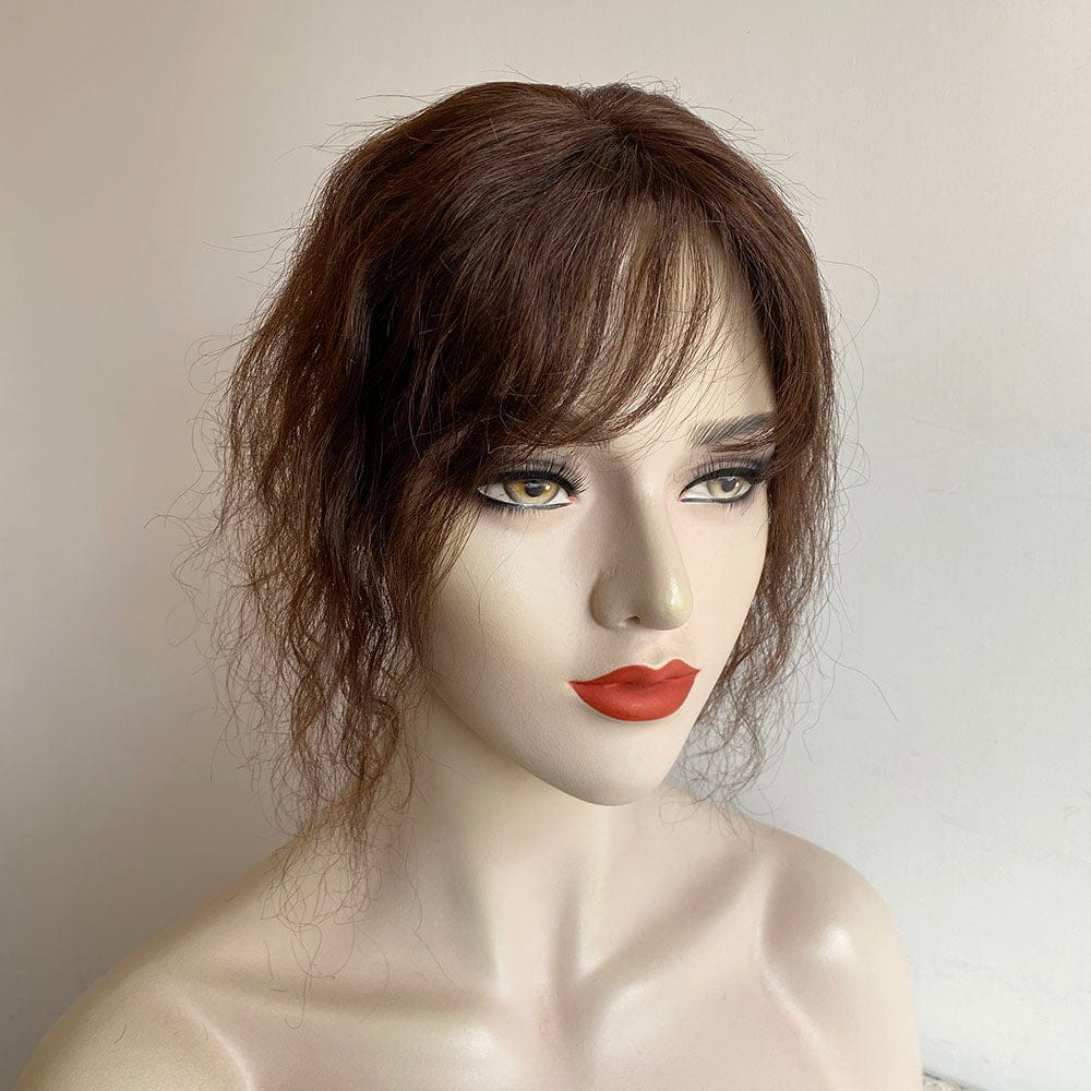 nevermindyrhead Women Dark Brown Human Curly Hair Topper With Thin Bangs Clip-In Wiglet Mesh Base