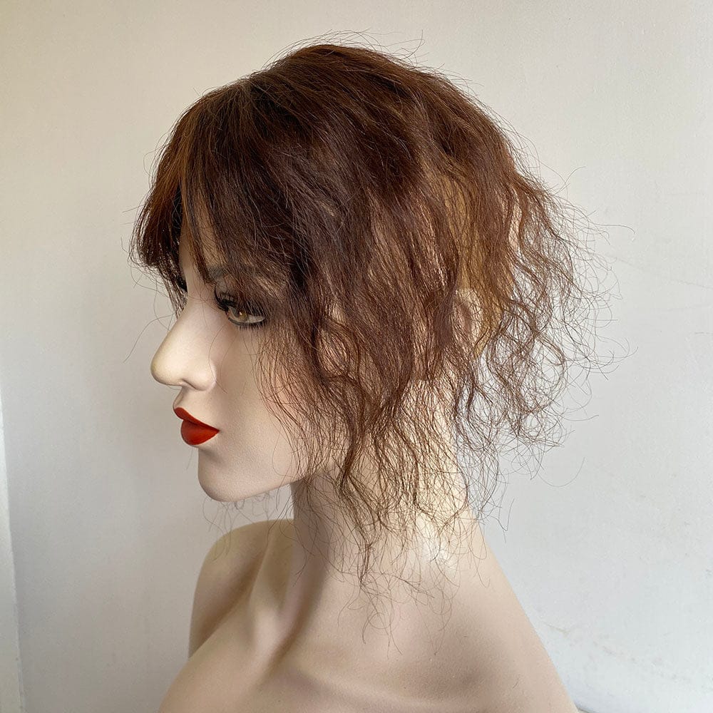 nevermindyrhead Women Dark Brown Human Curly Hair Topper With Thin Bangs Clip-In Wiglet Mesh Base