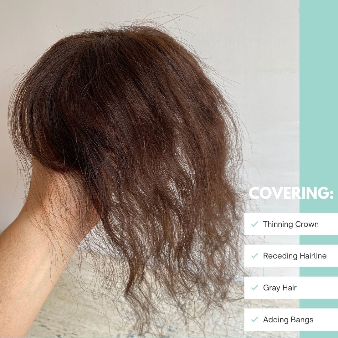 nevermindyrhead Women Dark Brown Human Curly Hair Topper With Thin Bangs Clip-In Wiglet Mesh Base