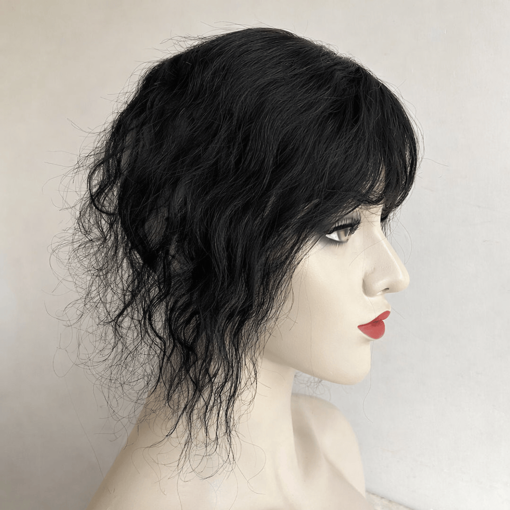 nevermindyrhead Women Dark Brown Human Curly Hair Topper With Thin Bangs Clip-In Wiglet Mesh Base Black