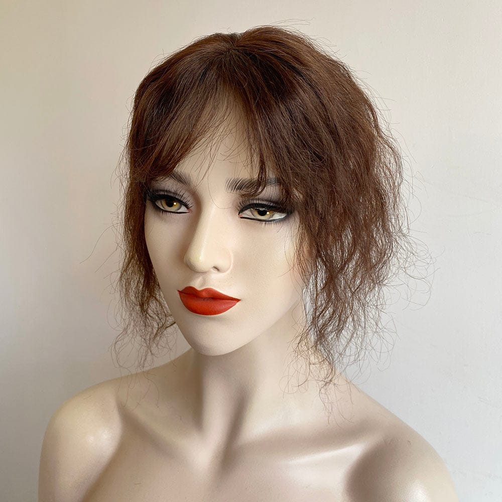 nevermindyrhead Women Dark Brown Human Curly Hair Topper With Thin Bangs Clip-In Wiglet Mesh Base Dark Brown