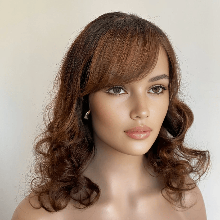 nevermindyrhead Women Dark Brown Human Hair Lace Front Wig With Bangs Ombre Dark Root Curly