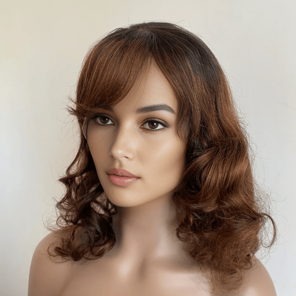 nevermindyrhead Women Dark Brown Human Hair Lace Front Wig With Bangs Ombre Dark Root Curly