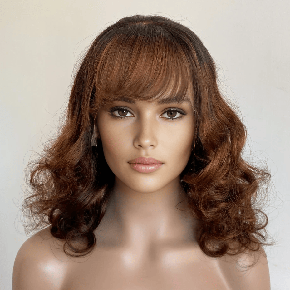 nevermindyrhead Women Dark Brown Human Hair Lace Front Wig With Bangs Ombre Dark Root Curly