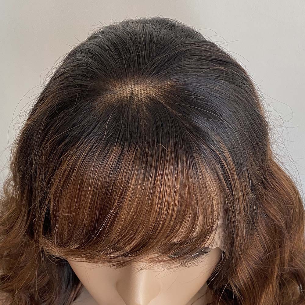 nevermindyrhead Women Dark Brown Human Hair Lace Front Wig With Bangs Ombre Dark Root Curly
