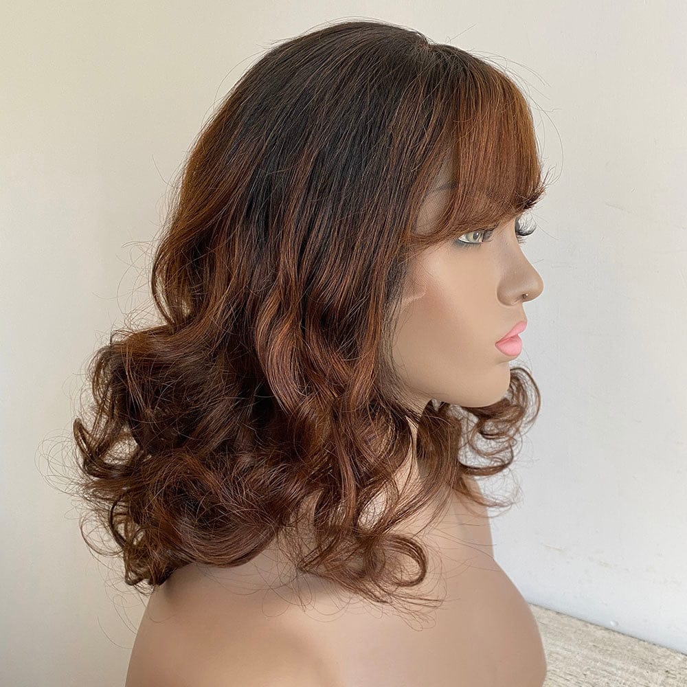 nevermindyrhead Women Dark Brown Human Hair Lace Front Wig With Bangs Ombre Dark Root Curly