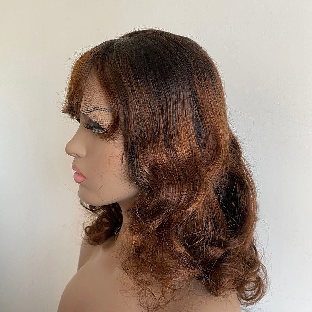 nevermindyrhead Women Dark Brown Human Hair Lace Front Wig With Bangs Ombre Dark Root Curly