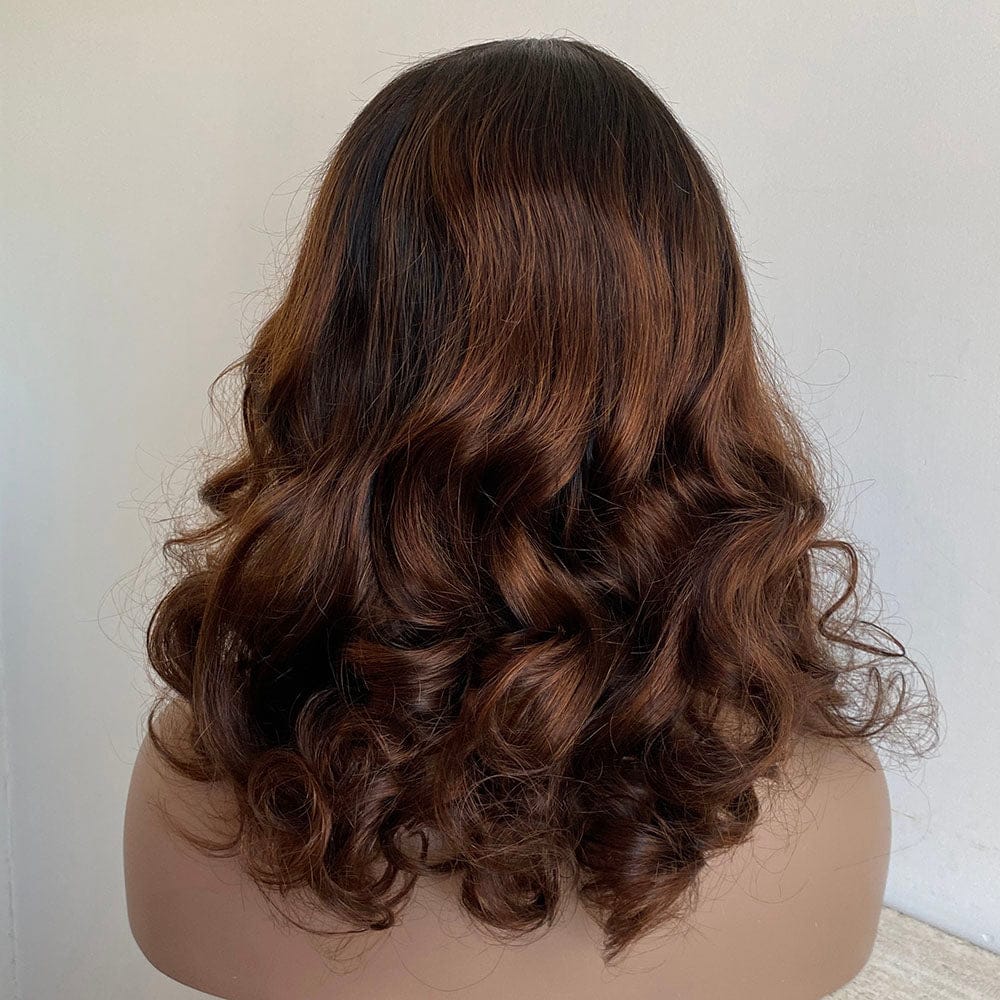 nevermindyrhead Women Dark Brown Human Hair Lace Front Wig With Bangs Ombre Dark Root Curly