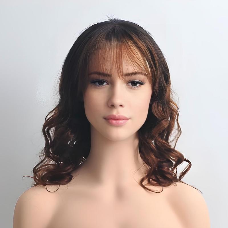 nevermindyrhead Women Dark Brown Human Hair Lace Front Wig With Bangs Ombre Dark Root Curly