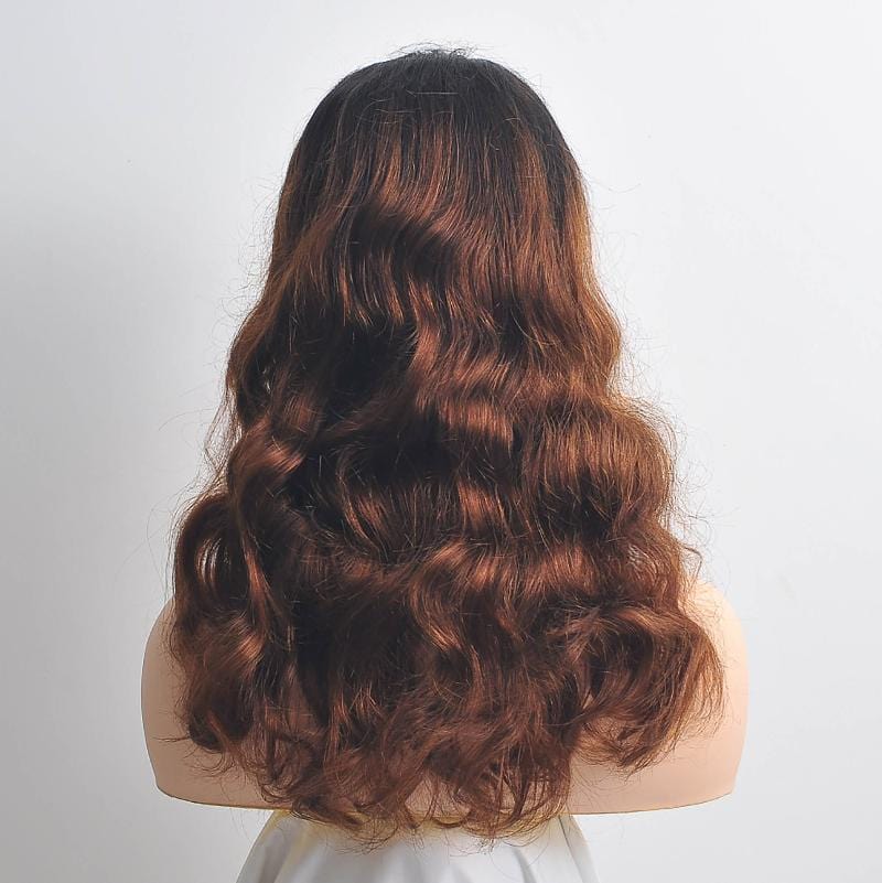 nevermindyrhead Women Dark Brown Human Hair Lace Front Wig With Bangs Ombre Dark Root Curly