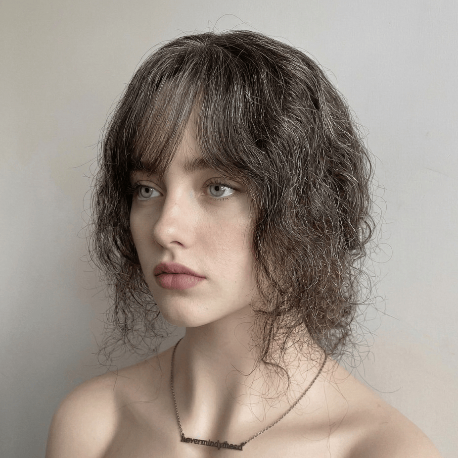 nevermindyrhead Women Dark Gray Human Hair Topper Salt Pepper For Thinning Hair Curly Clip-In Bangs