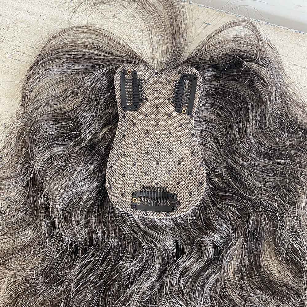 nevermindyrhead Women Dark Gray Human Hair Topper Salt Pepper For Thinning Hair Curly Clip-In Bangs
