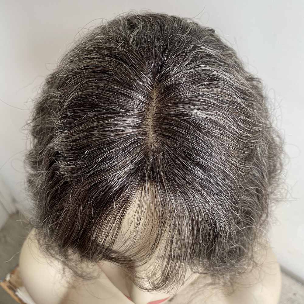 nevermindyrhead Women Dark Gray Human Hair Topper Salt Pepper For Thinning Hair Curly Clip-In Bangs