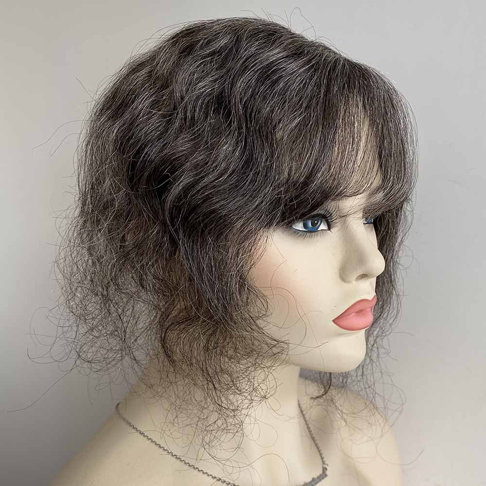 nevermindyrhead Women Dark Gray Human Hair Topper Salt Pepper For Thinning Hair Curly Clip-In Bangs
