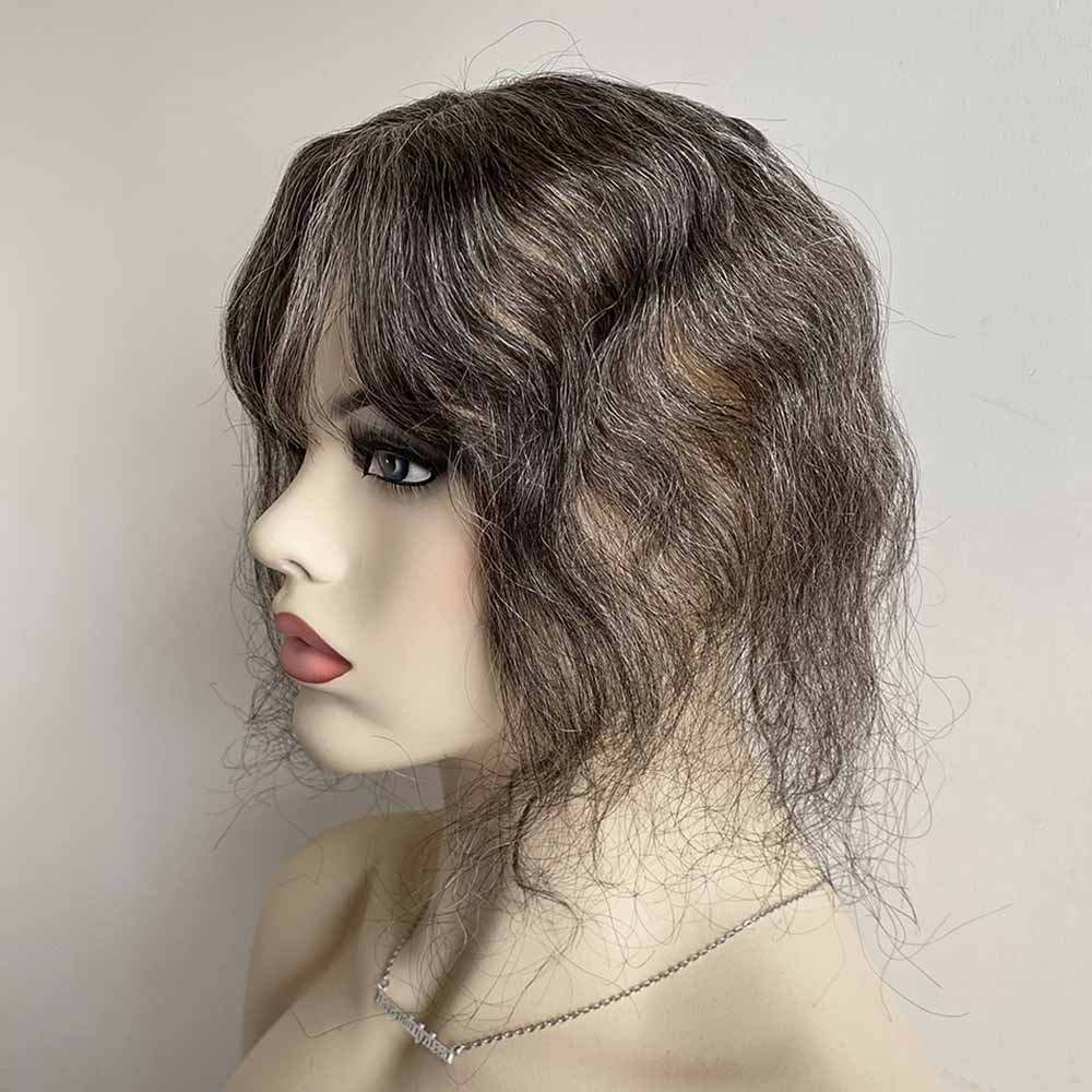 nevermindyrhead Women Dark Gray Human Hair Topper Salt Pepper For Thinning Hair Curly Clip-In Bangs
