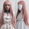 Women Dusty Pink Long Wig Straight Hair Thin Bangs With Top Skin