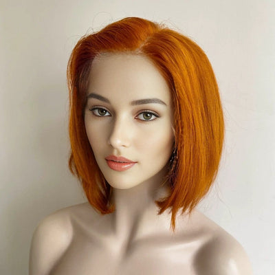 Women Ginger Brown Human Hair Wig Lace Front 13X6 short Bob Orange Side Part Realistic