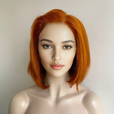 Women Ginger Brown Human Hair Wig Lace Front 13X6 short Bob Orange Side Part Realistic