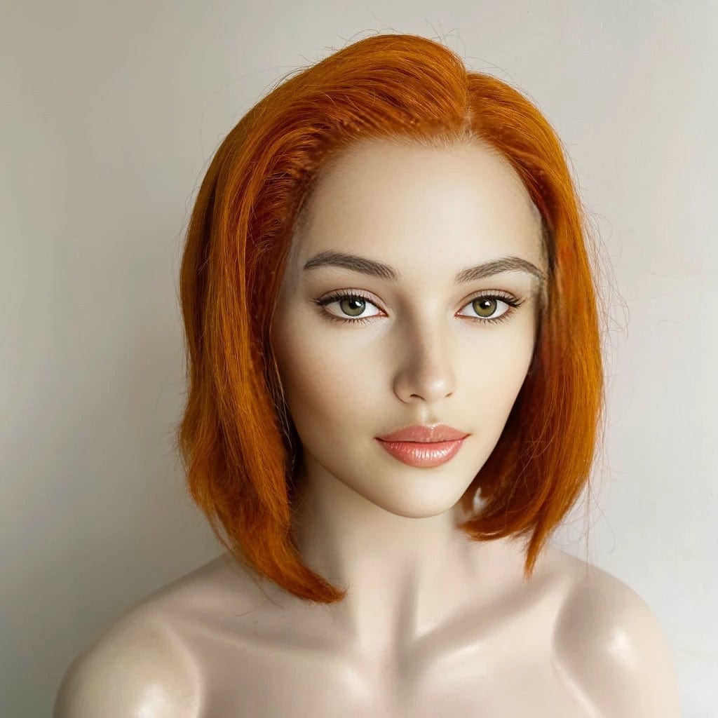 nevermindyrhead Women Ginger Brown Human Hair Wig Lace Front 13X6 short Bob Orange Side Part Realistic