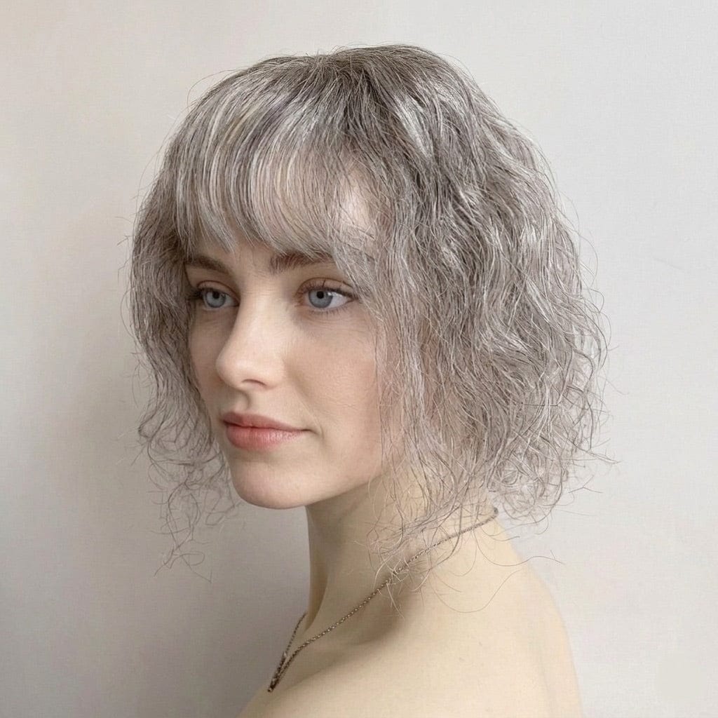 nevermindyrhead Women Gray Salt And Pepper Human Hair Topper For Thinning Hair Curly Clip-In Bangs
