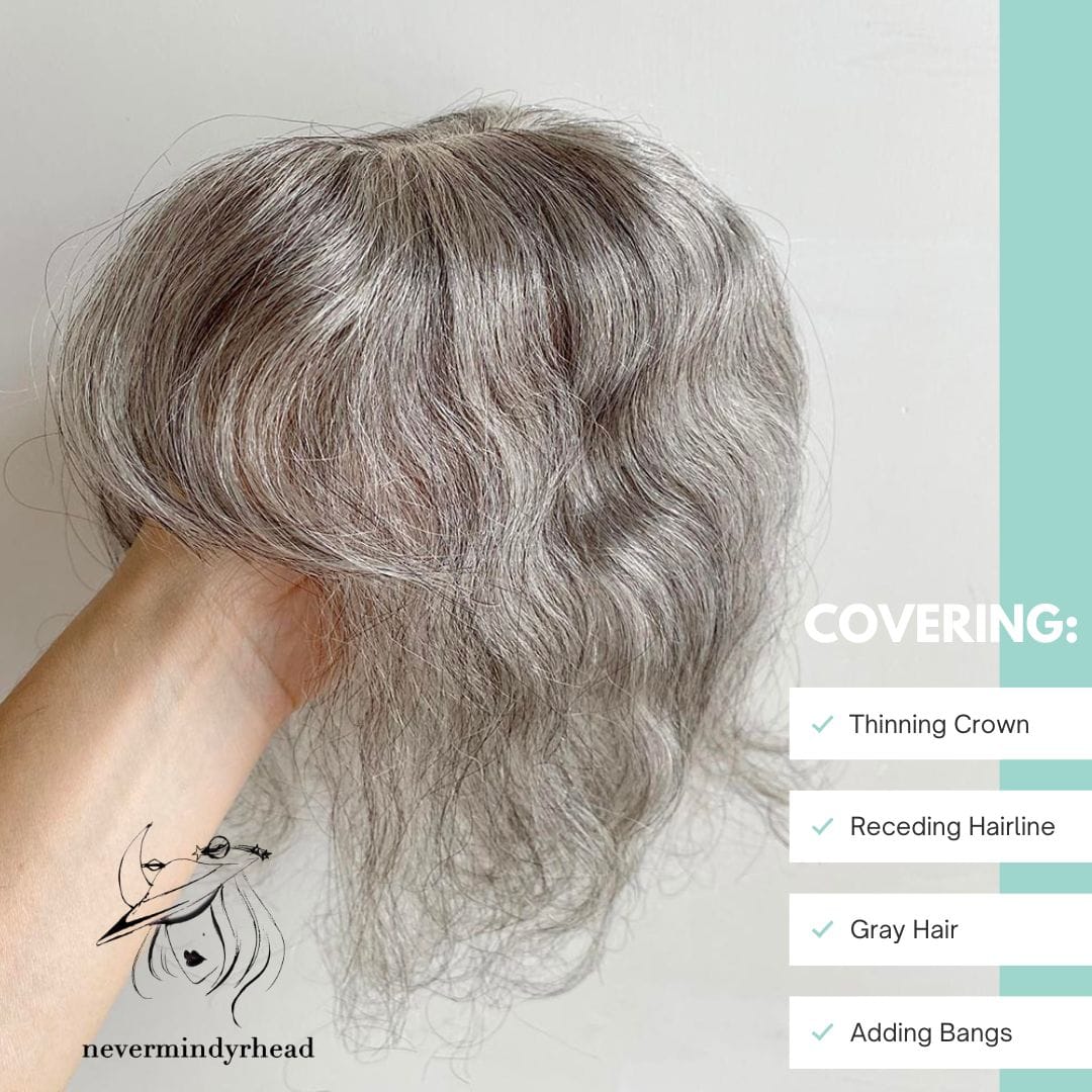 nevermindyrhead Women Gray Salt And Pepper Human Hair Topper For Thinning Hair Curly Clip-In Bangs