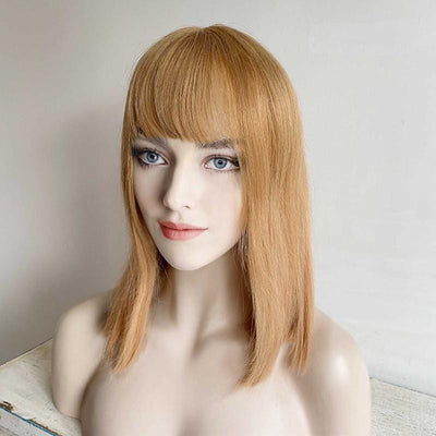 Women Honey Blonde Human Hair Wig With Bangs Bob Straight Shoulder Length