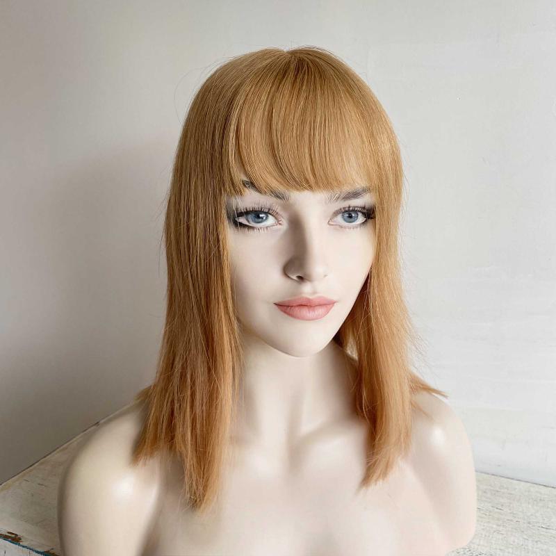 nevermindyrhead Women Honey Blonde Human Hair Wig With Bangs Bob Straight Shoulder Length
