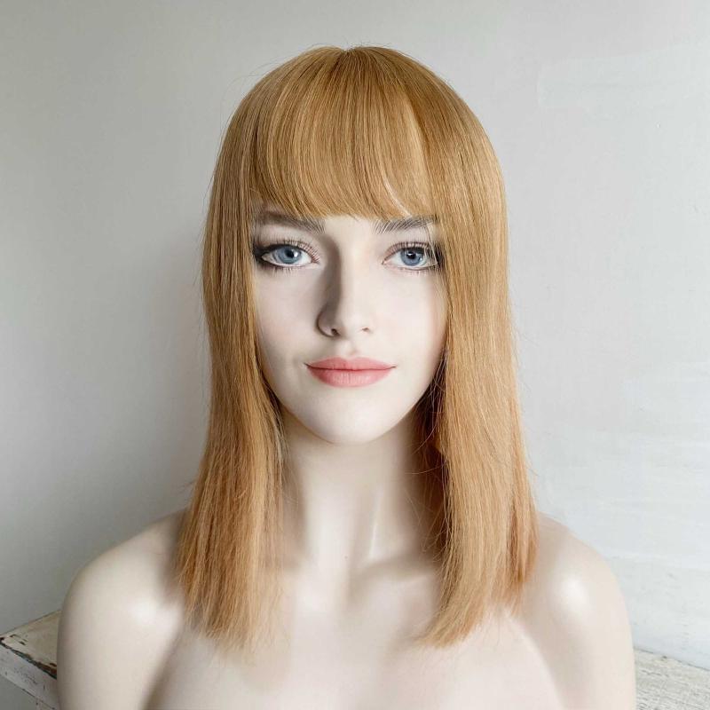 nevermindyrhead Women Honey Blonde Human Hair Wig With Bangs Bob Straight Shoulder Length