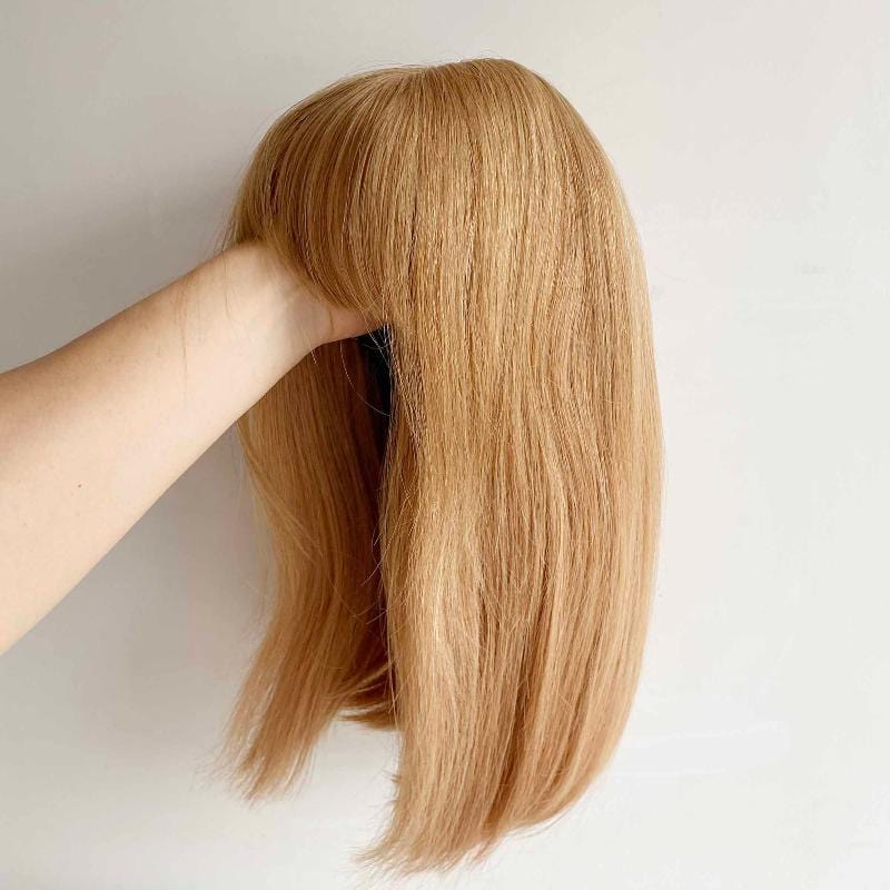 nevermindyrhead Women Honey Blonde Human Hair Wig With Bangs Bob Straight Shoulder Length