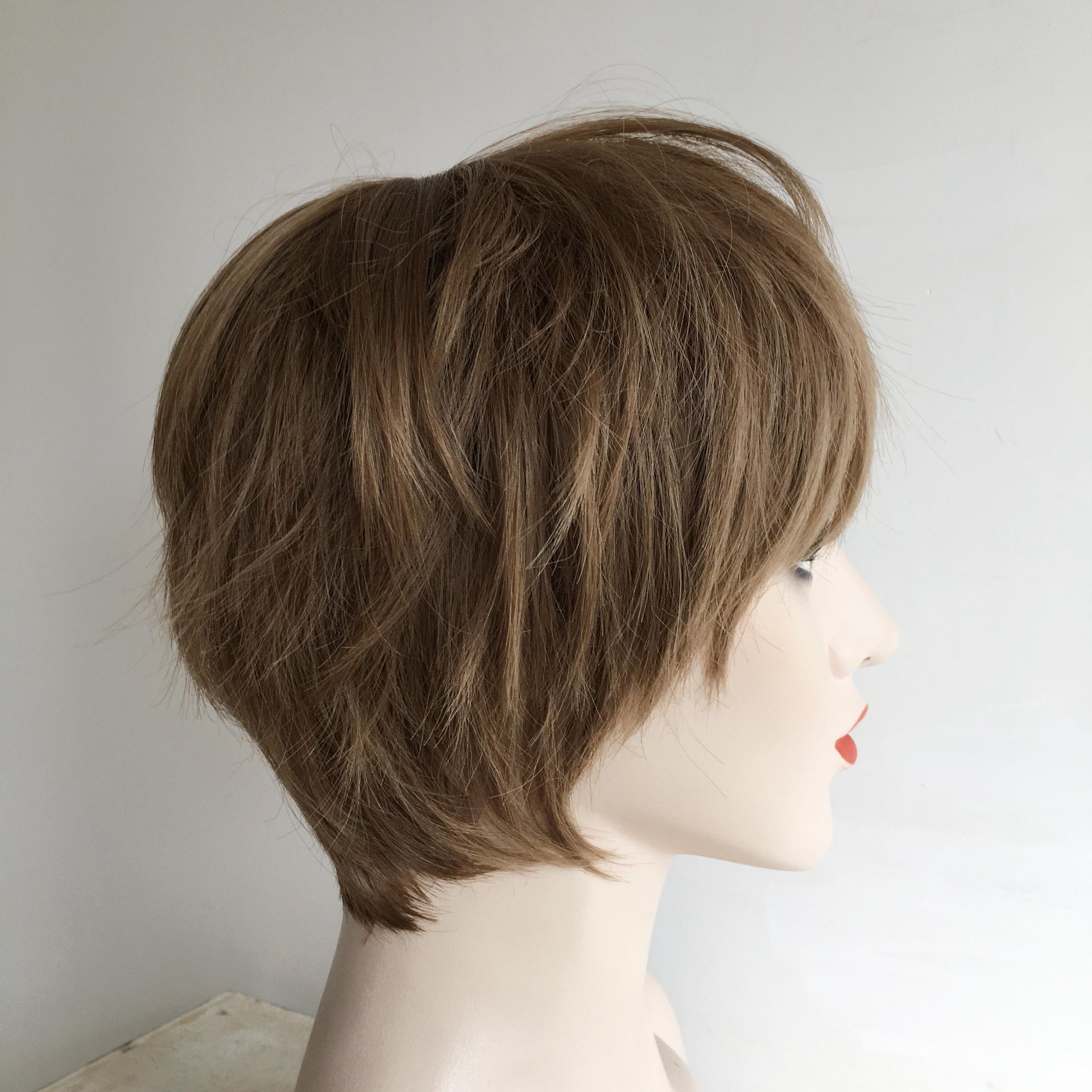 nevermindyrhead Women Honey Brown Short Straight Pixie Boy Cut Fringe Bangs Wig