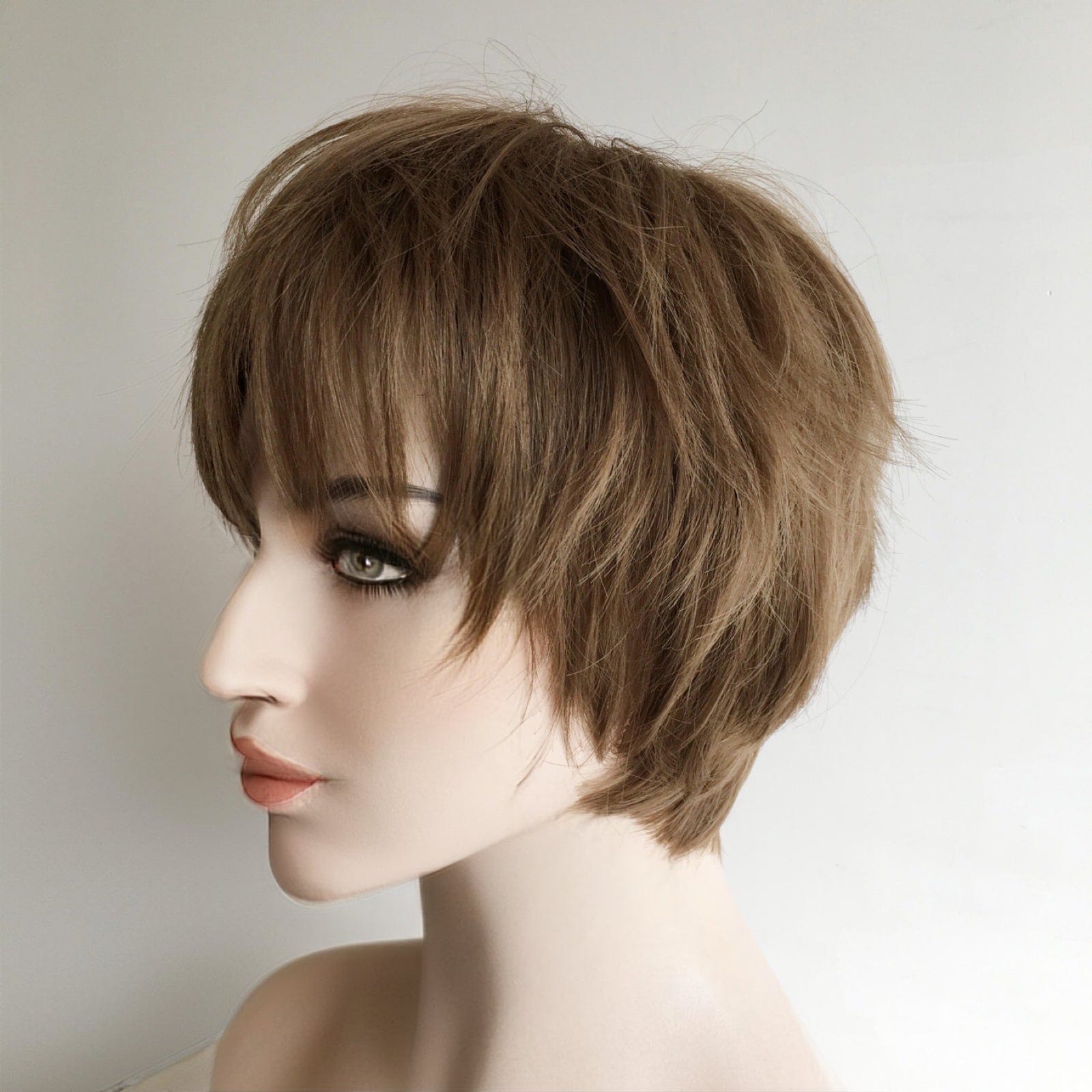 nevermindyrhead Women Honey Brown Short Straight Pixie Boy Cut Fringe Bangs Wig