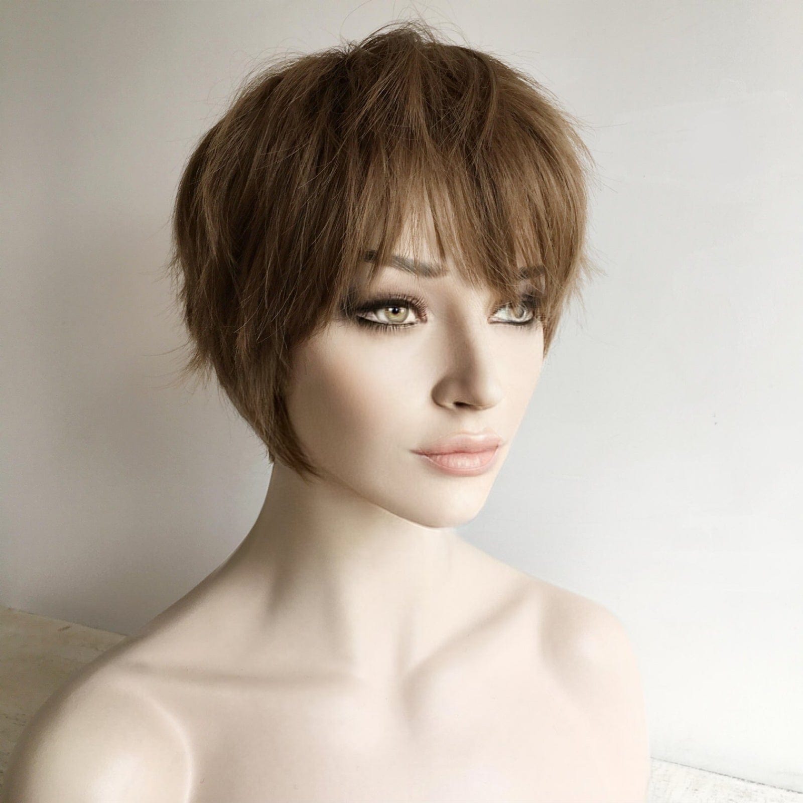 nevermindyrhead Women Honey Brown Short Straight Pixie Boy Cut Fringe Bangs Wig