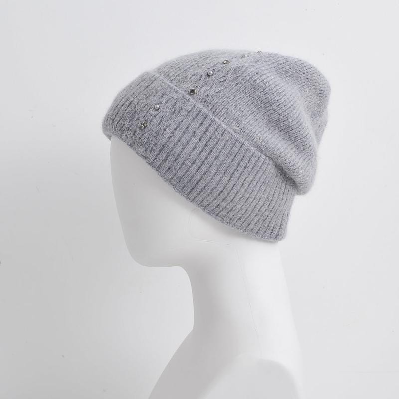 nevermindyrhead Women Knit Beanie Gray With Tiny Pearl Ornaments Soft Warm Hat