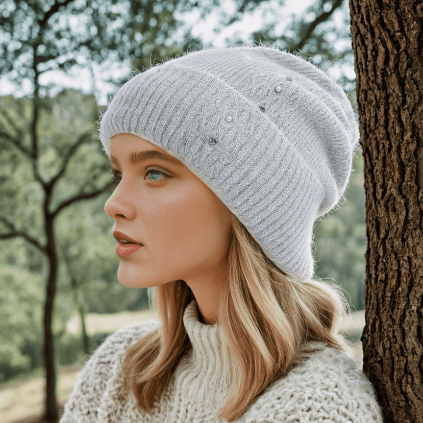 nevermindyrhead Women Knit Beanie Gray With Tiny Pearl Ornaments Soft Warm Hat