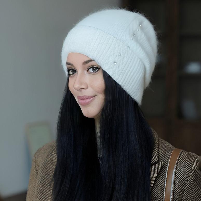 nevermindyrhead Women Knit Beanie Gray With Tiny Pearl Ornaments Soft Warm Hat White