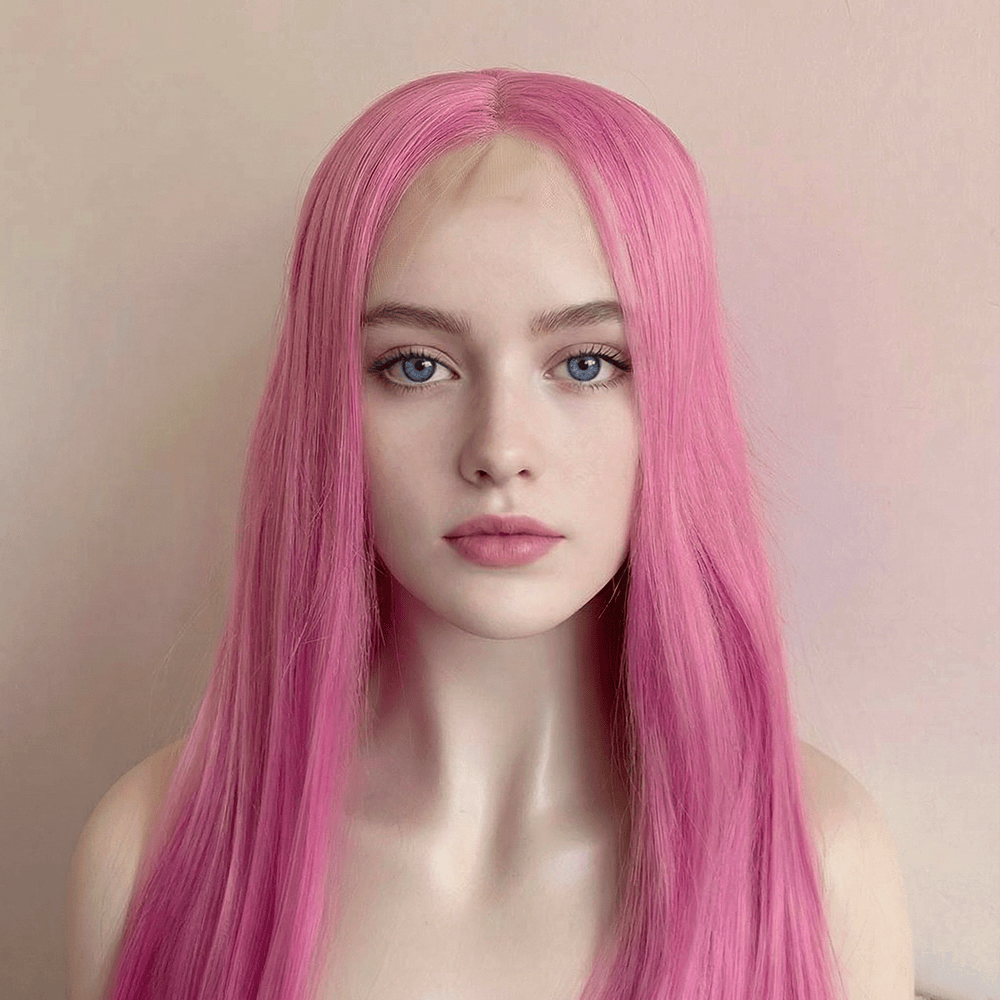nevermindyrhead Women Lace Front Cosplay Wig Rose Pastel Pink Long Straight Middle Part