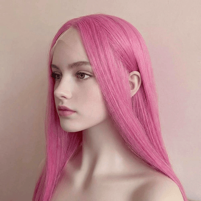 Women Lace Front Cosplay Wig Rose Pastel Pink Long Straight Middle Part