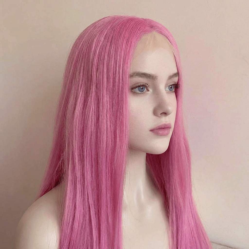nevermindyrhead Women Lace Front Cosplay Wig Rose Pastel Pink Long Straight Middle Part