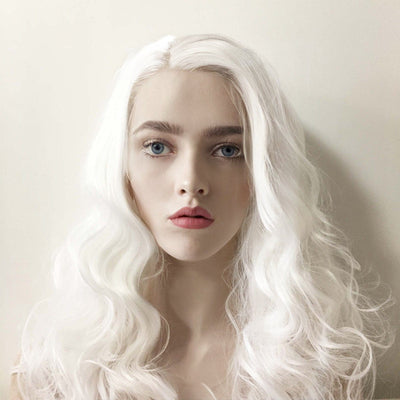Women Lace Front Snow White Side Part Big Wave Curly Long Hair Wig 16 inches