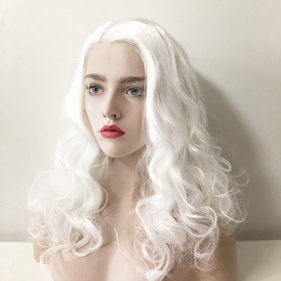 Women Lace Front Snow White Side Part Big Wave Curly Long Hair Wig 16 inches