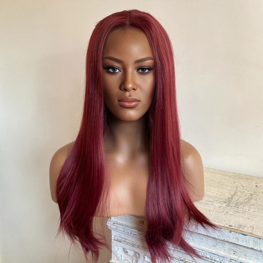 nevermindyrhead Women Lace Front Wig Burgundy Dark Wine Red Long Straight Middle Part
