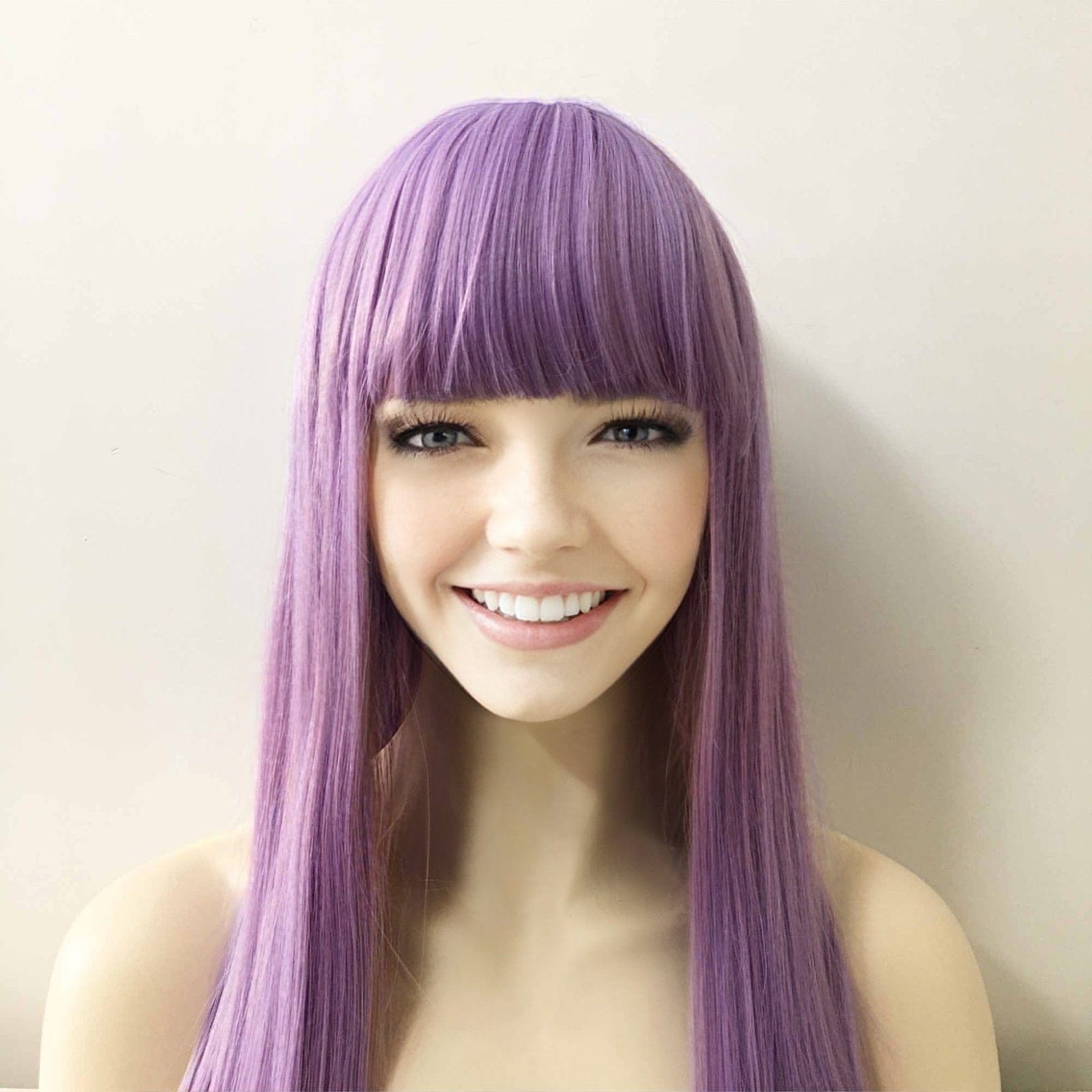 nevermindyrhead Women Lavender Purple Thick Bangs Long Straight Blunt Cut Wig