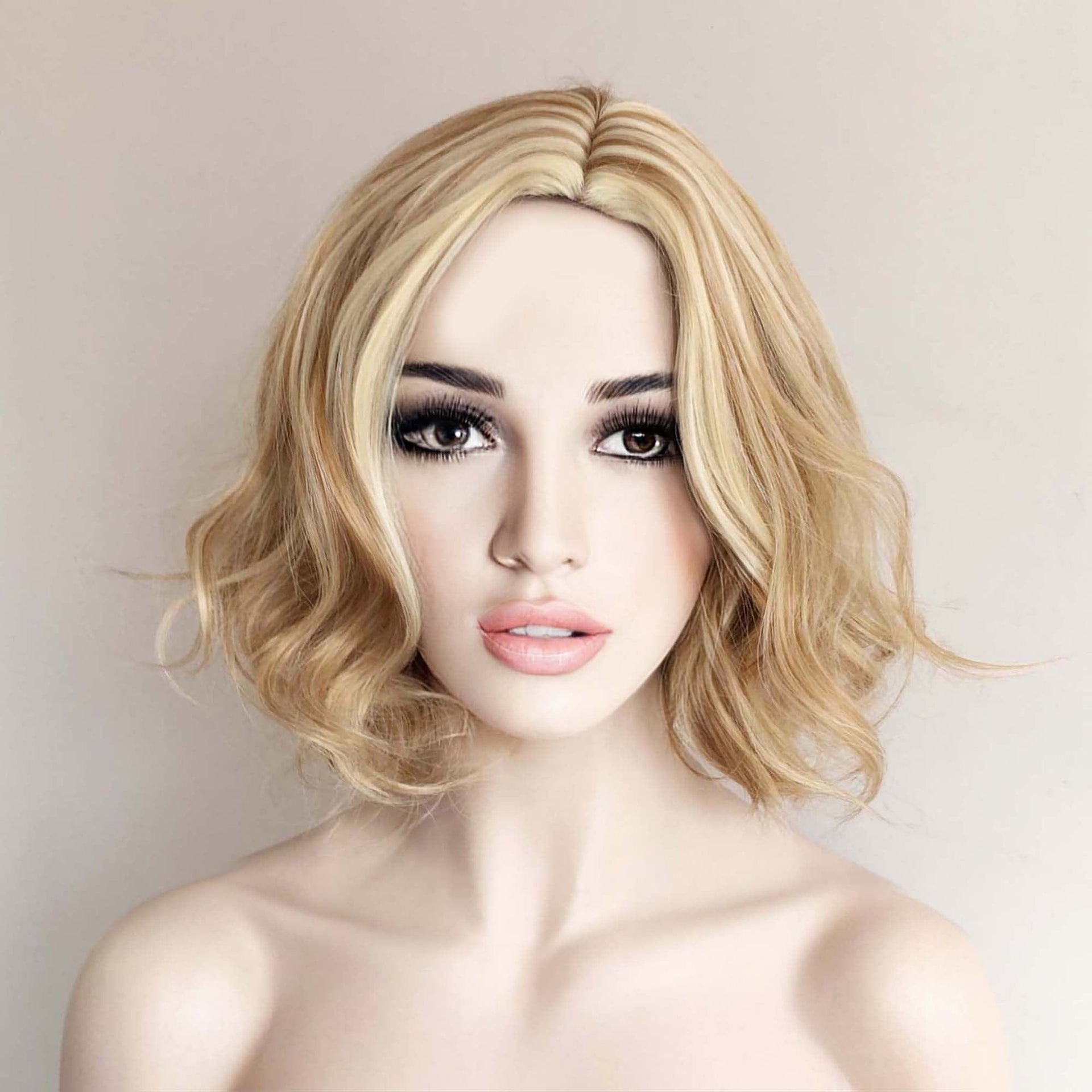 nevermindyrhead Women Light Toffee Blonde Ombre Short Curly Bob Side Part Wig