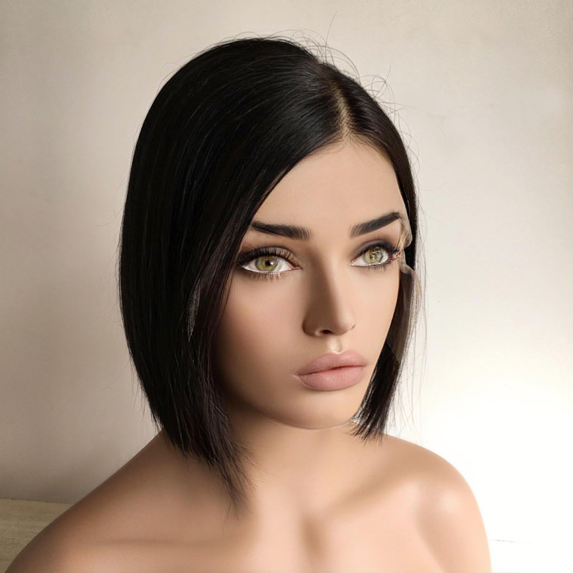 nevermindyrhead Women Natural Black Human Hair 13X6 Lace Front Short Bob Straight Side Part Wig 8 Inches