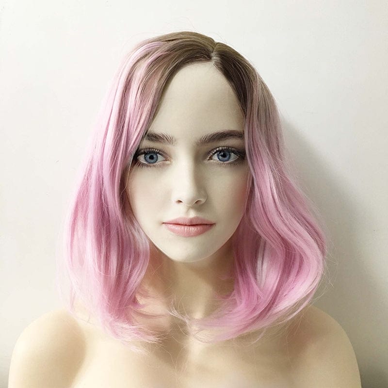 nevermindyrhead Women Ombre Pink Medium Length Natural Curls Side Part Wig